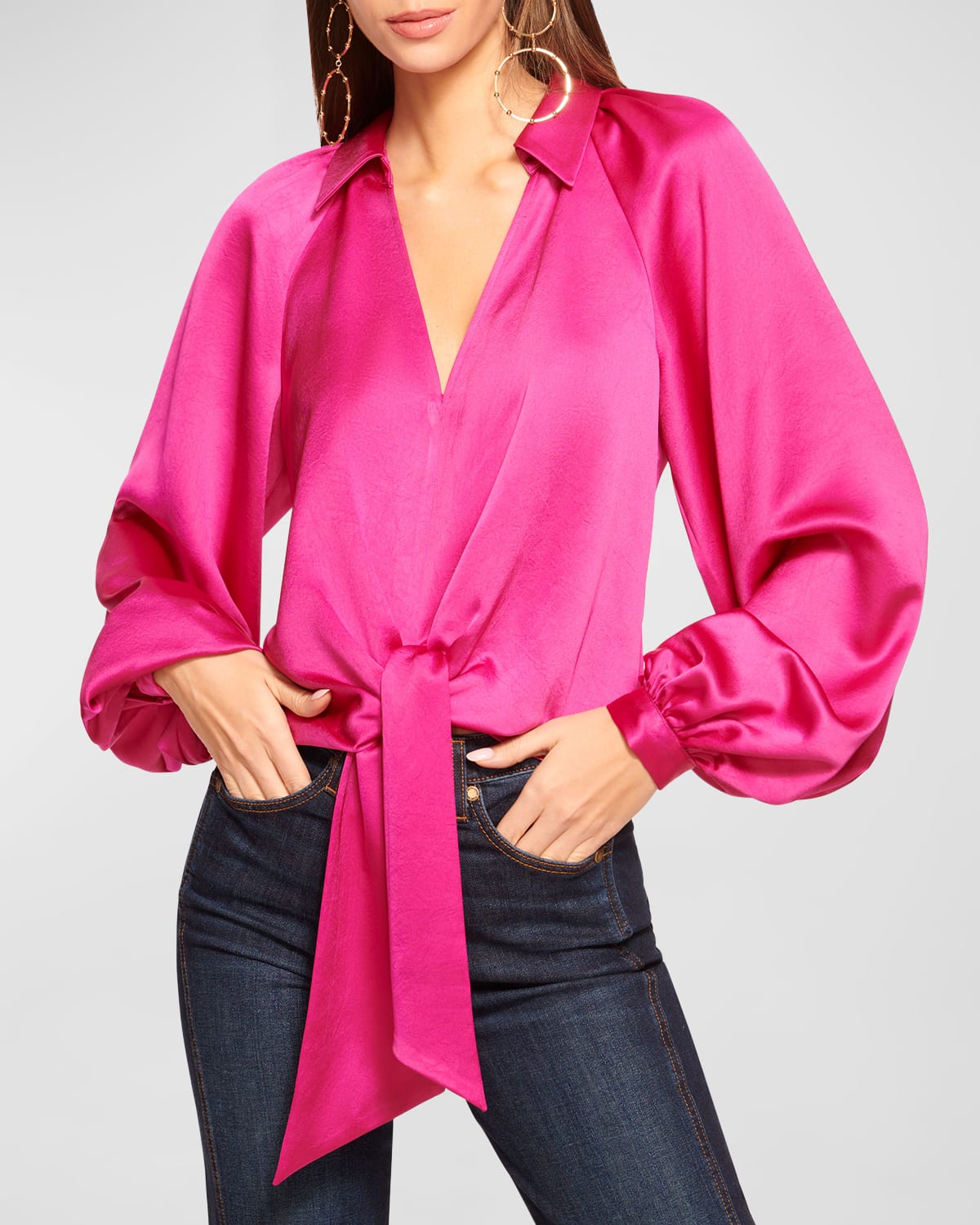 Shop Ramy Brook Emily Satin Puff-sleeve Blouse In Wild Rose