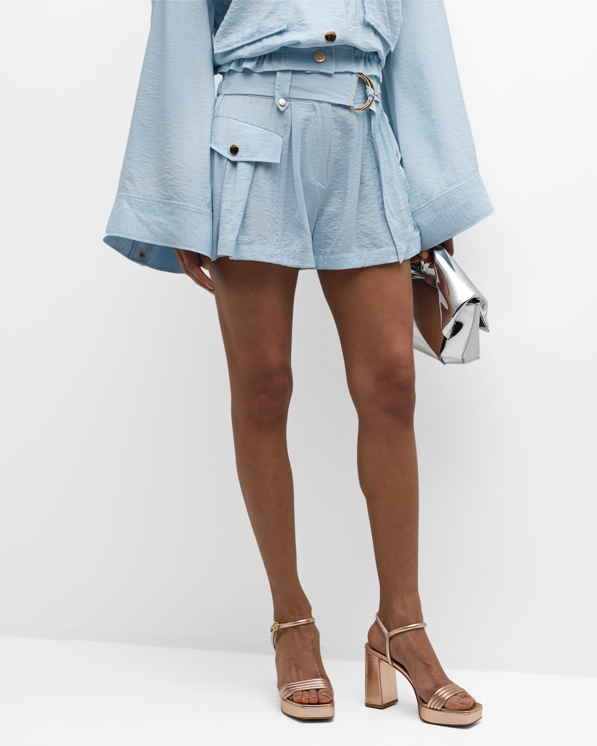 Shop Ramy Brook Haylee Belted Textured Twill Shorts In Crystal Blue