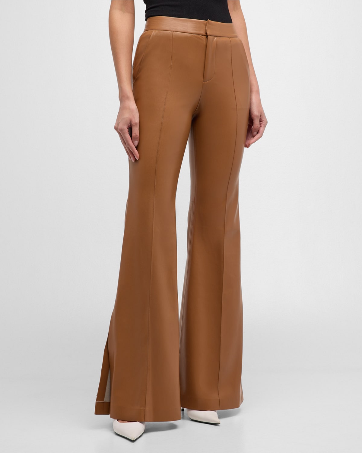 Shop Alice And Olivia Danette Vegan Leather Mid-rise Flare Trousers In Camel