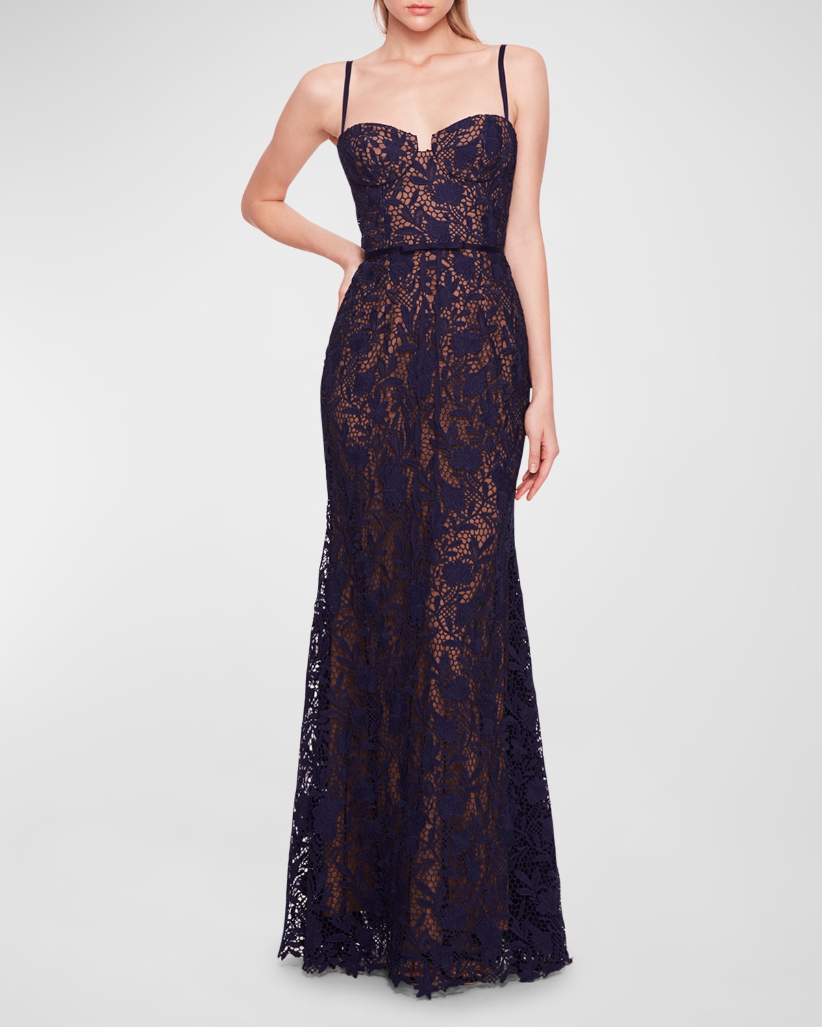 Shop Marchesa Notte Sleeveless Floral Lace Sweetheart Gown In Navy