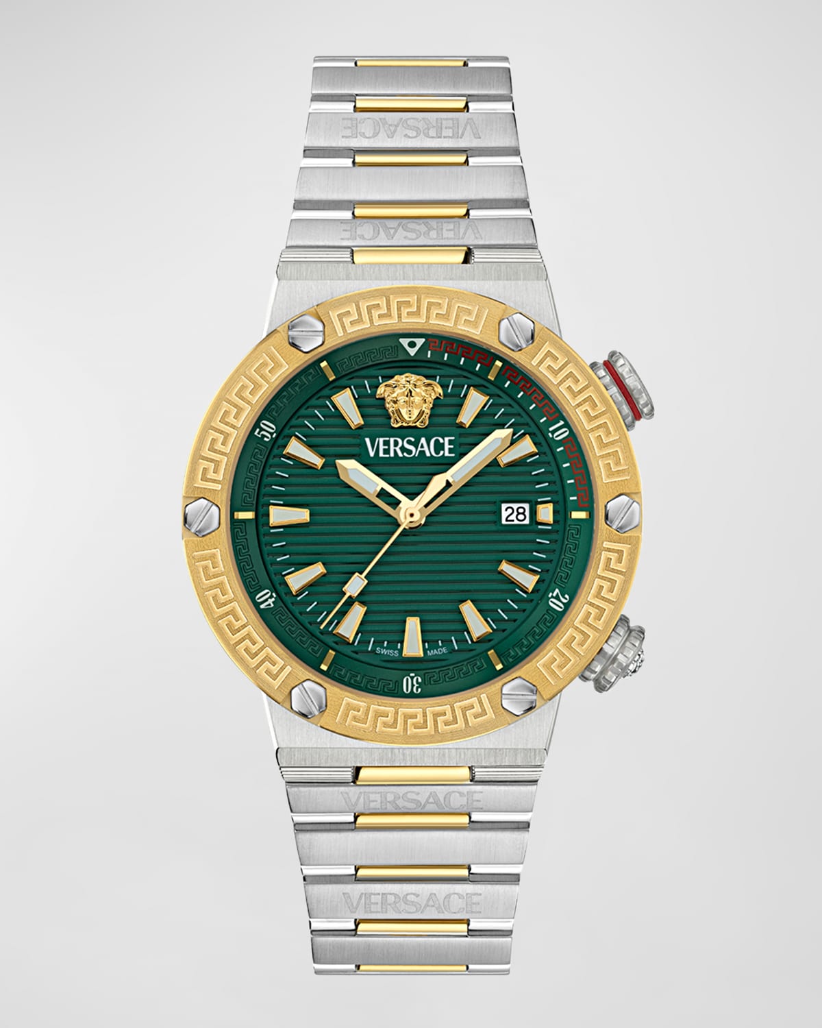 Shop Versace Men's Greca Logo Two-tone Bracelet Watch, 43mm In Green Gold Silver