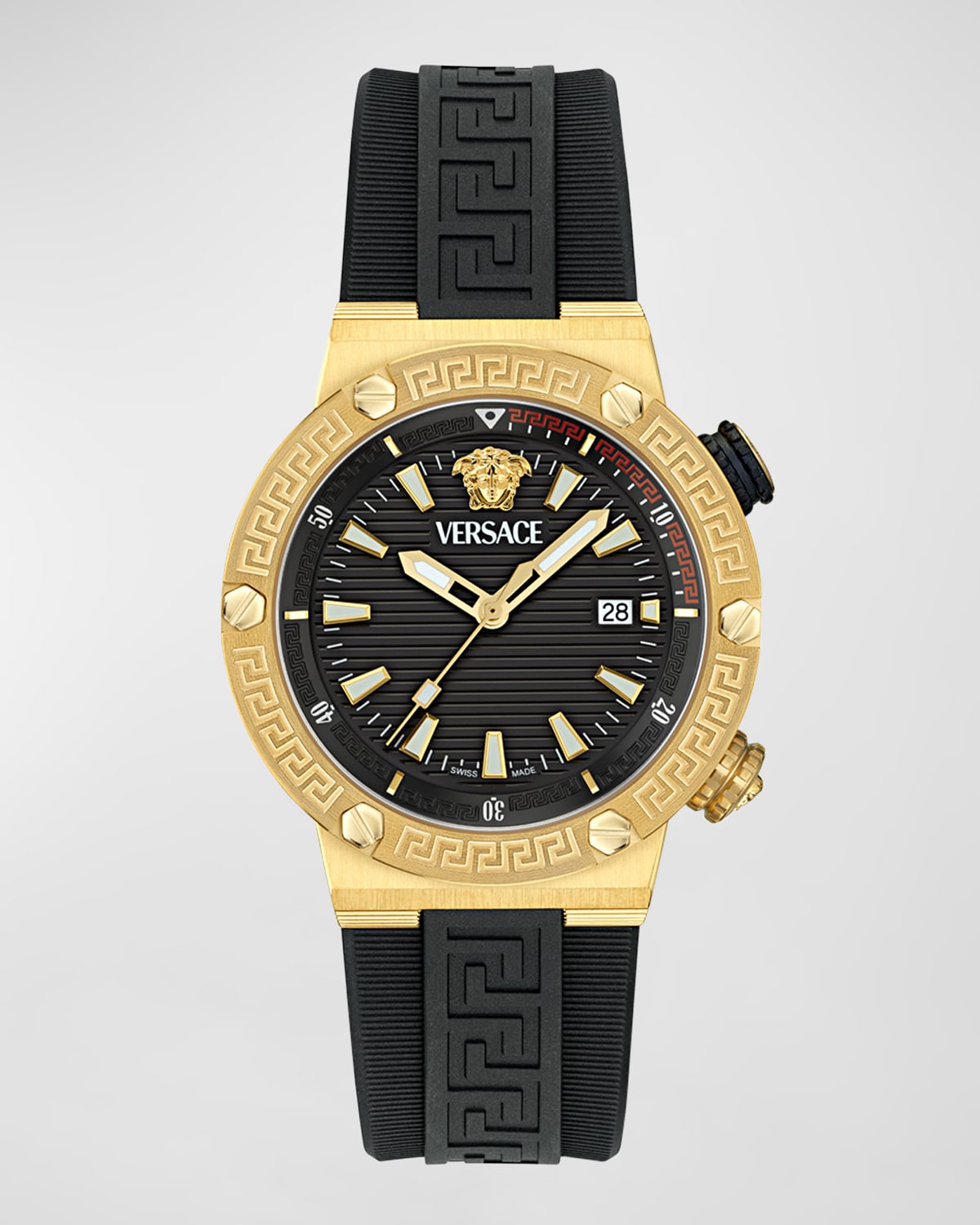Men's Greca Logo IP Yellow Gold Polyurethane-Strap Watch, 43mm