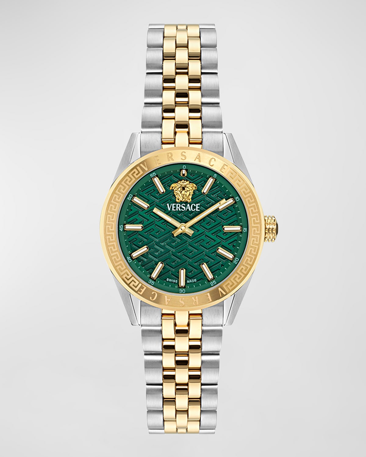 Shop Versace V-code Greca Two-tone Bracelet Watch, 36mm In Green Gold Silver
