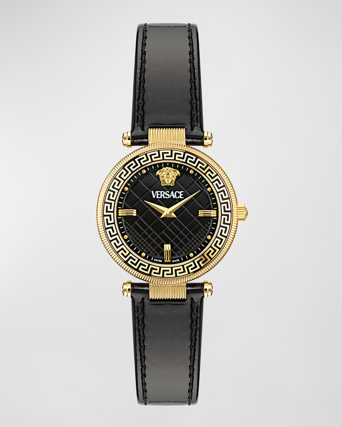Shop Versace Reve Ip Yellow Gold Leather Strap Watch, 35mm In Black