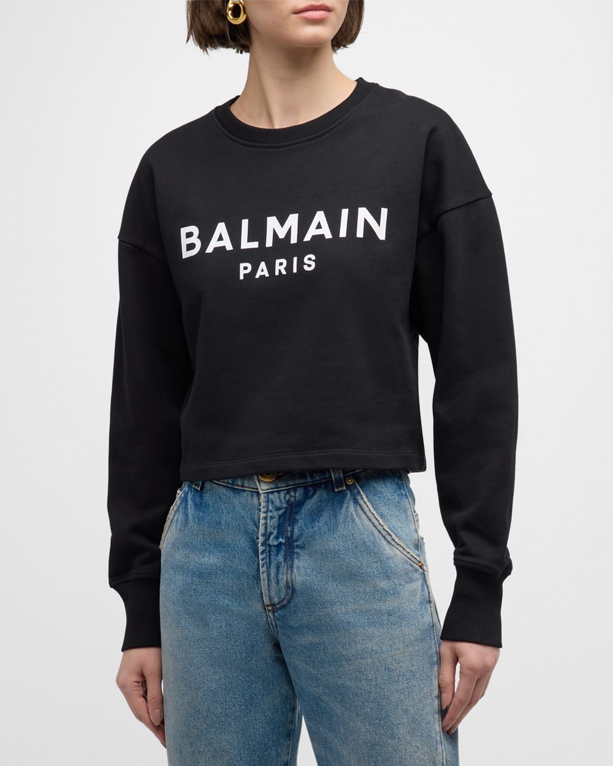 Shop Balmain Logo Bulky Crop Sweatshirt In Blk/white