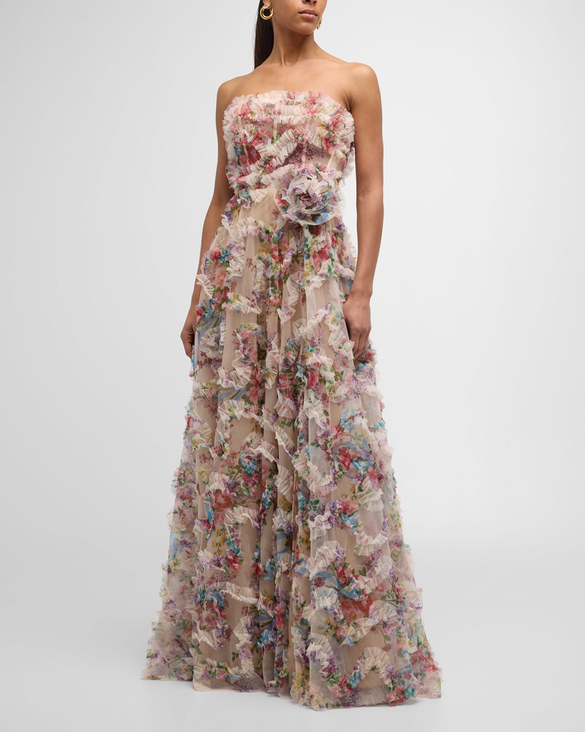 Strapless Floral-Print Ruffle Gown