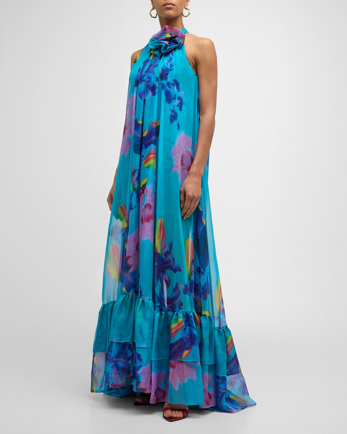 Floral-Print Halter Trapeze Gown