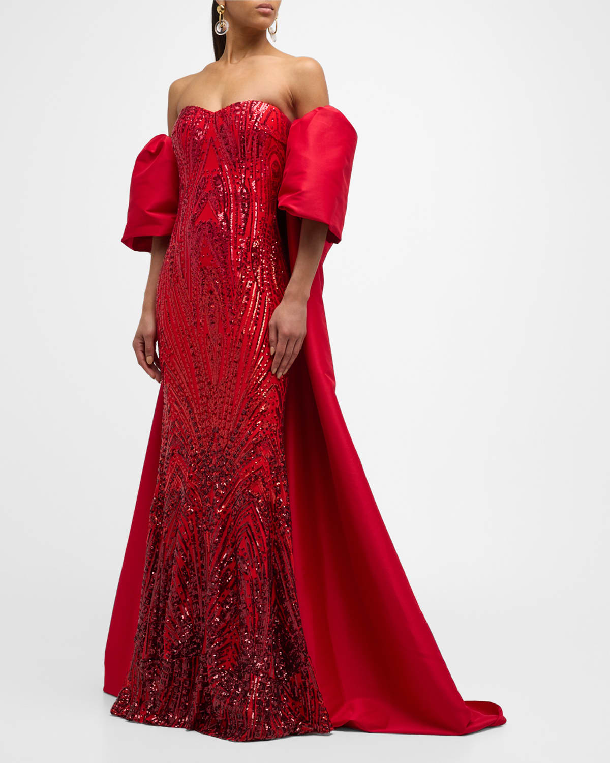 Jovani Strapless Sequin Cape Gown In Red