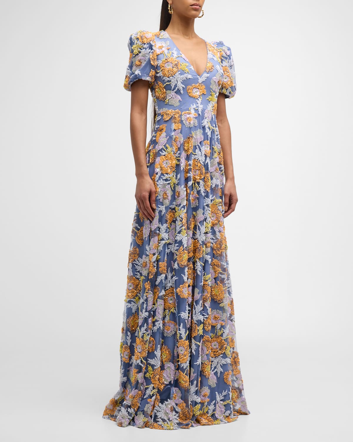 Puff-Sleeve Floral Sequin Gown