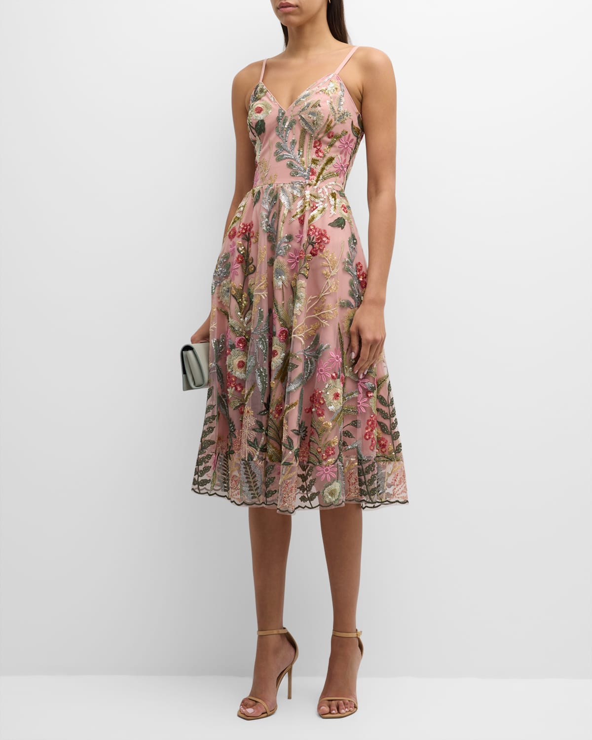 Maren Sequin Floral-Embroidered Midi Dress