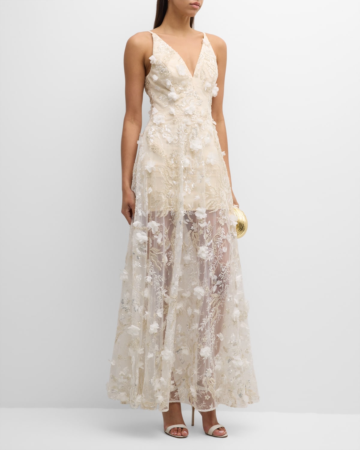 Dress The Population Black Label Sidney Bead & Sequin Floral-embroidered Gown In White Multi