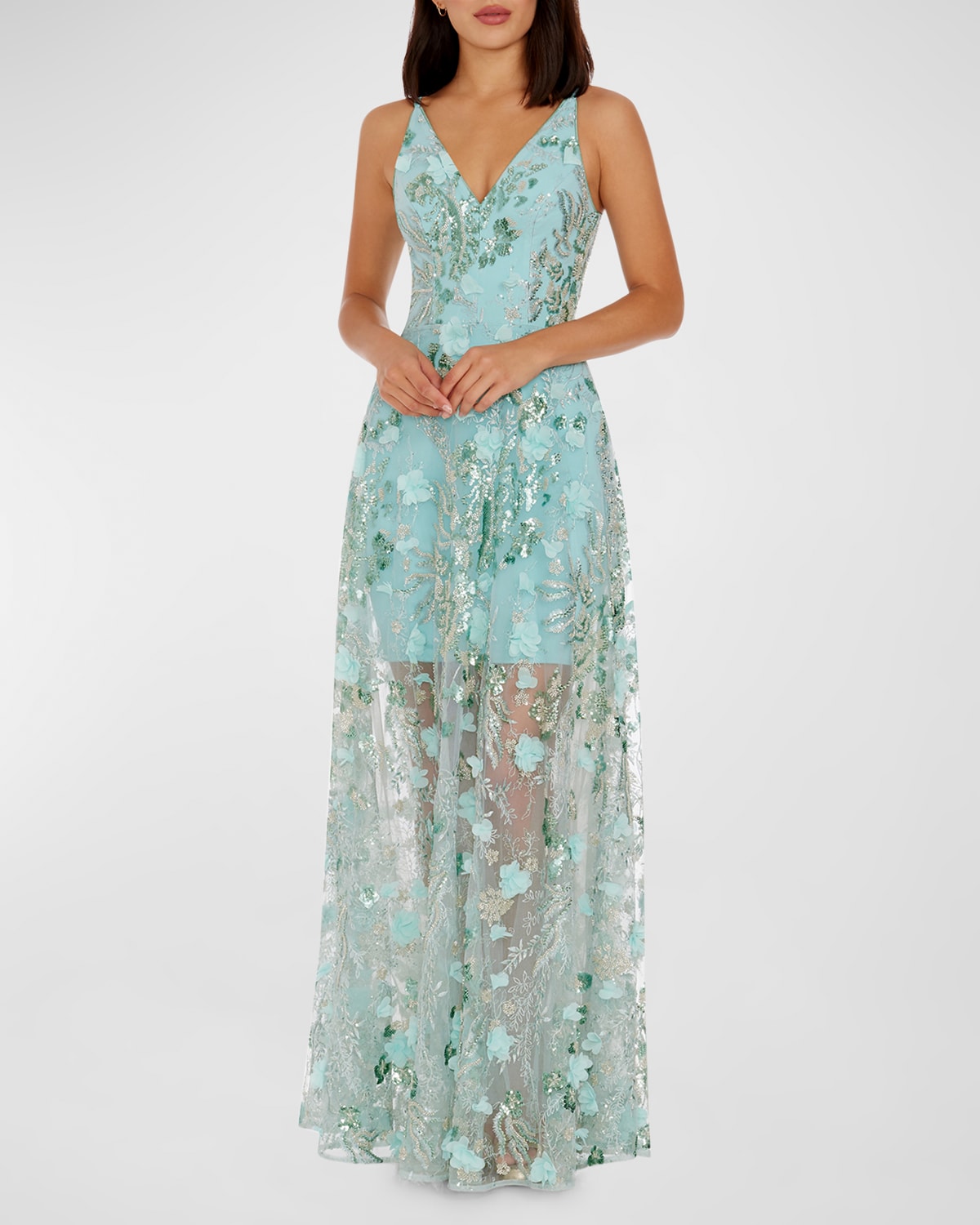 Dress The Population Black Label Sidney Bead & Sequin Floral-embroidered Gown In Seafoam Multi