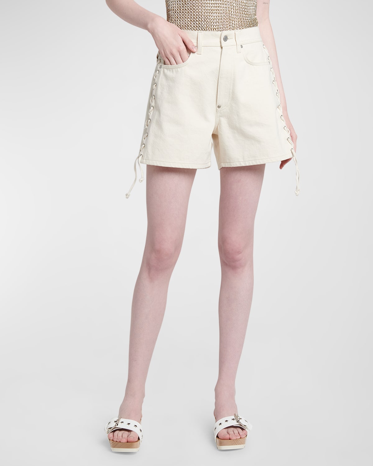 Shop Stella Mccartney High-rise Laced Ecru Denim Shorts