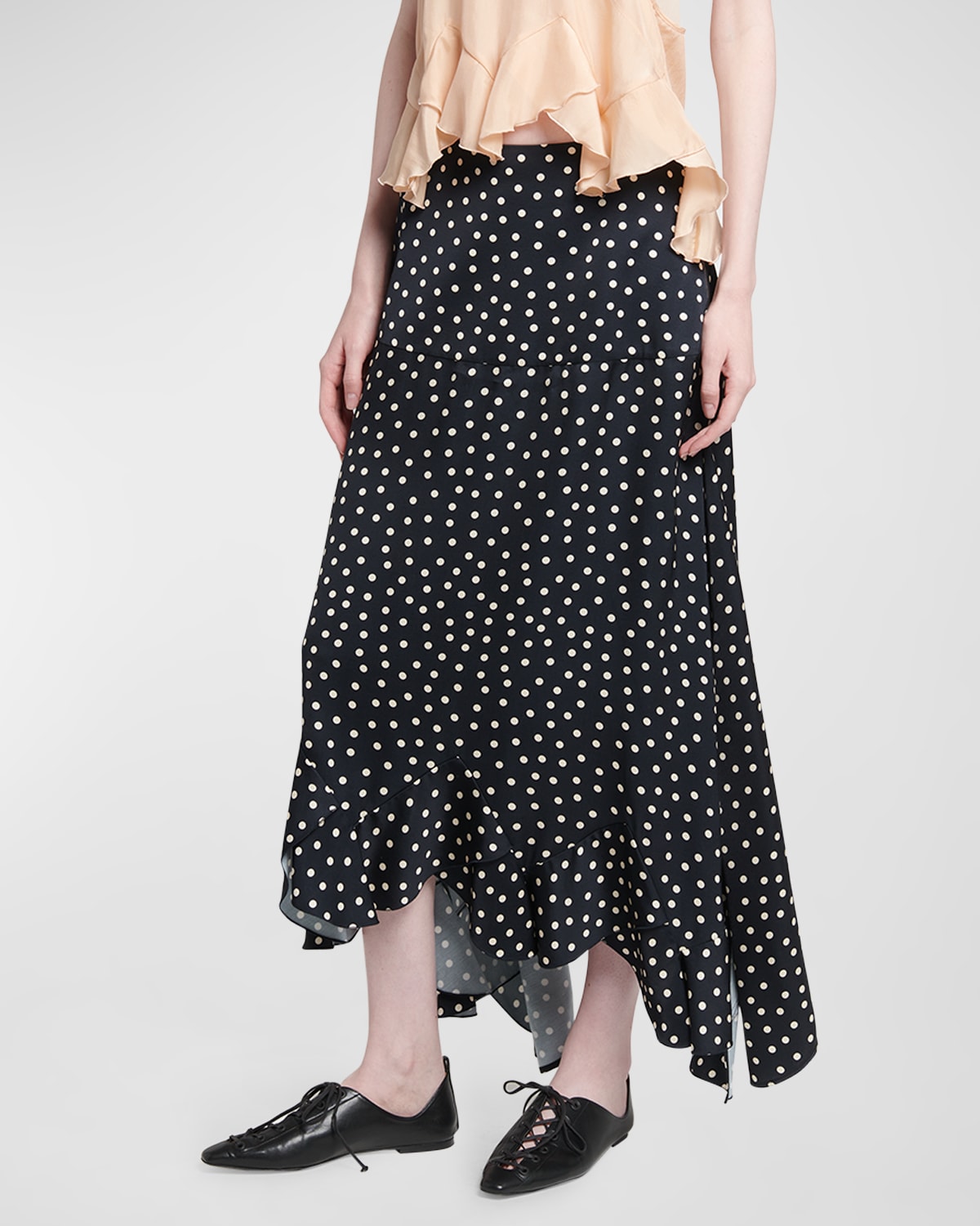Shop Stella Mccartney Polka Dot-print Tiered Asymmetric Maxi Skirt In Blackcream