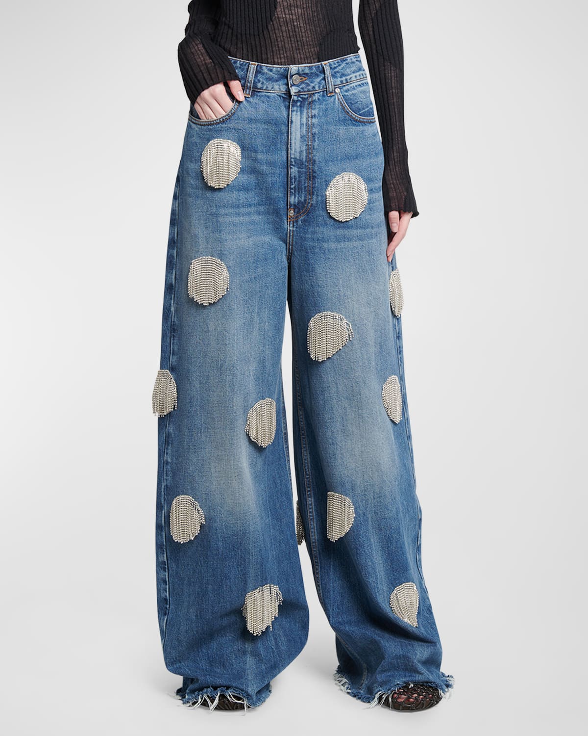 Shop Stella Mccartney Crystal Fringe Dot Wide Leg Jeans In Mid Blue V