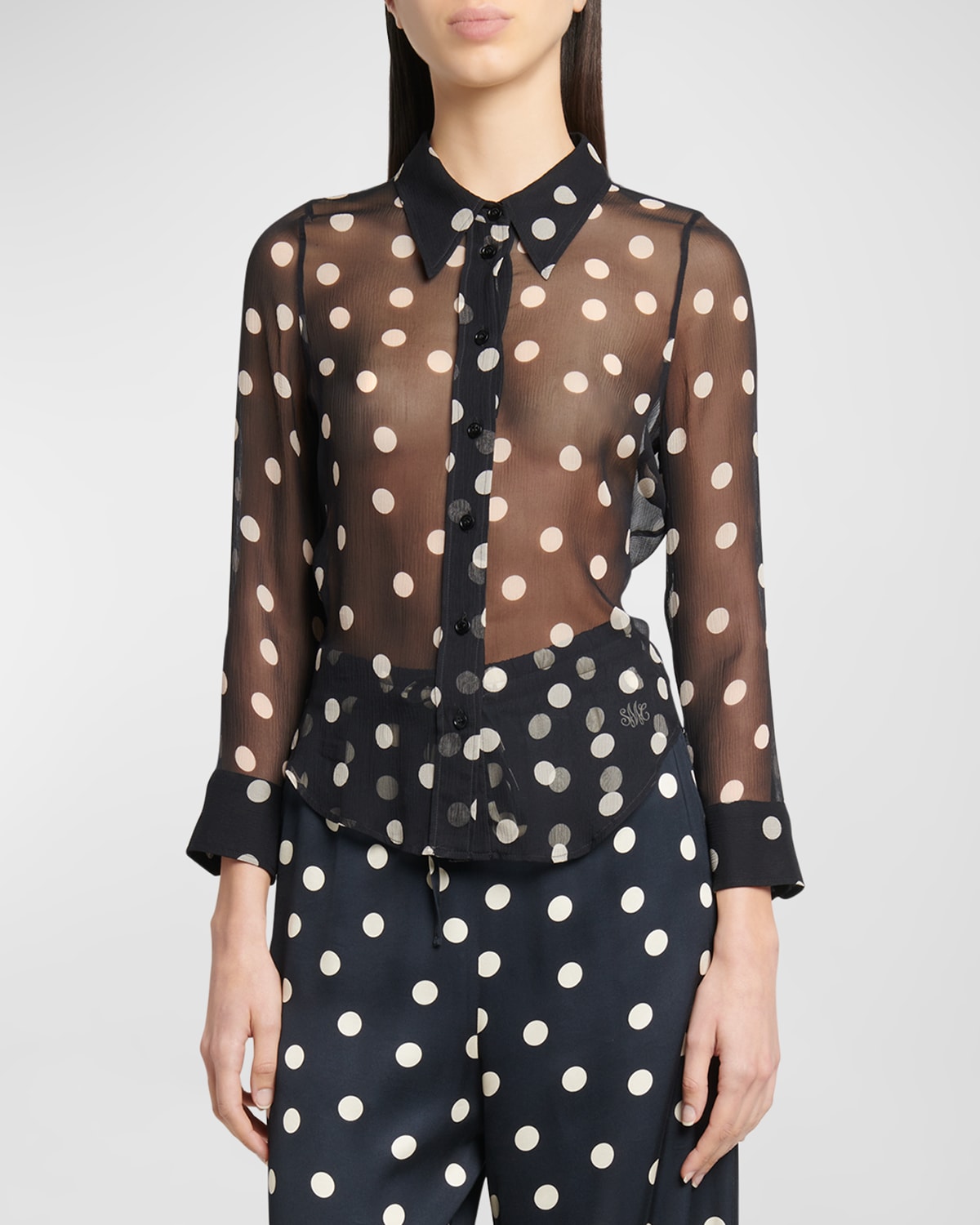 Shop Stella Mccartney Polka Dot-print Slim Sheer Crinkle Silk Collared Shirt In Blackcream