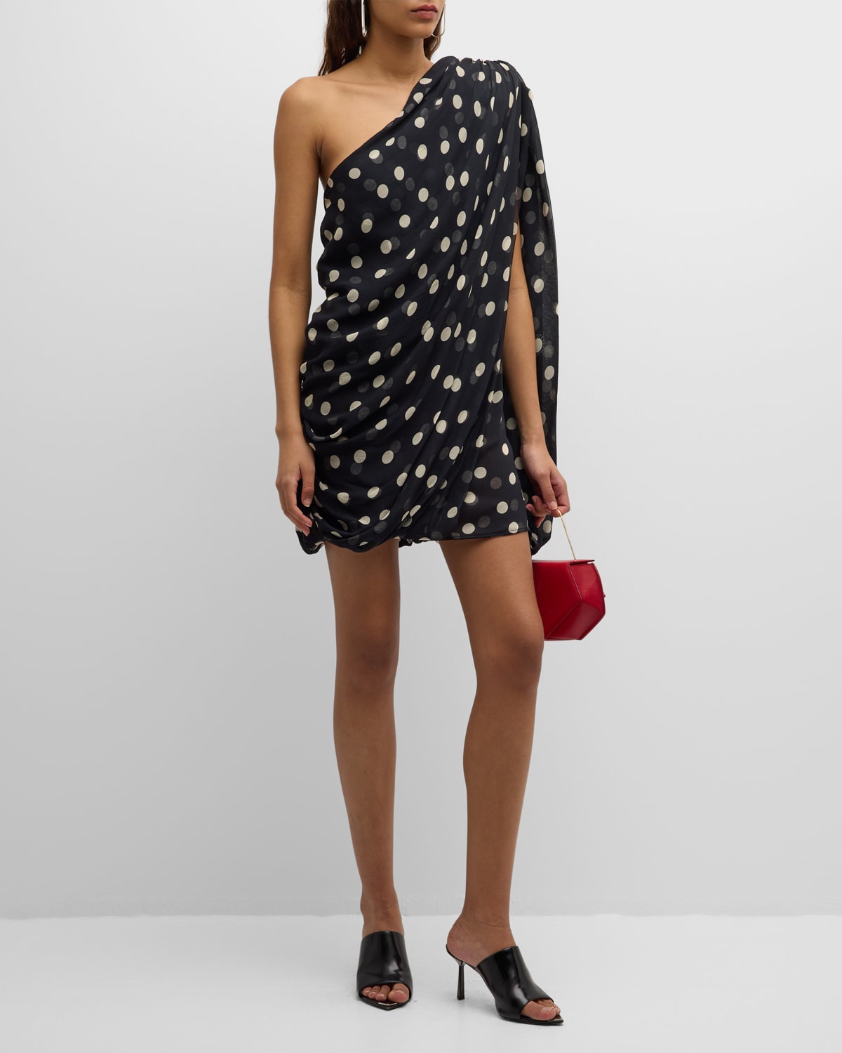 Polka Dot-Print Draped Chiffon Strong One-Shoulder Mini Dress