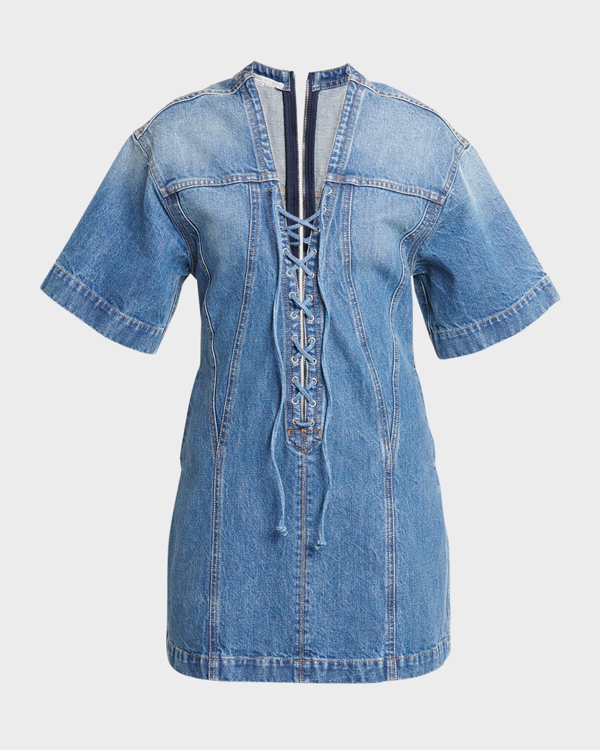Stella Mccartney Laced V-neck Short-sleeve Vintage Denim Mini Dress In Blue