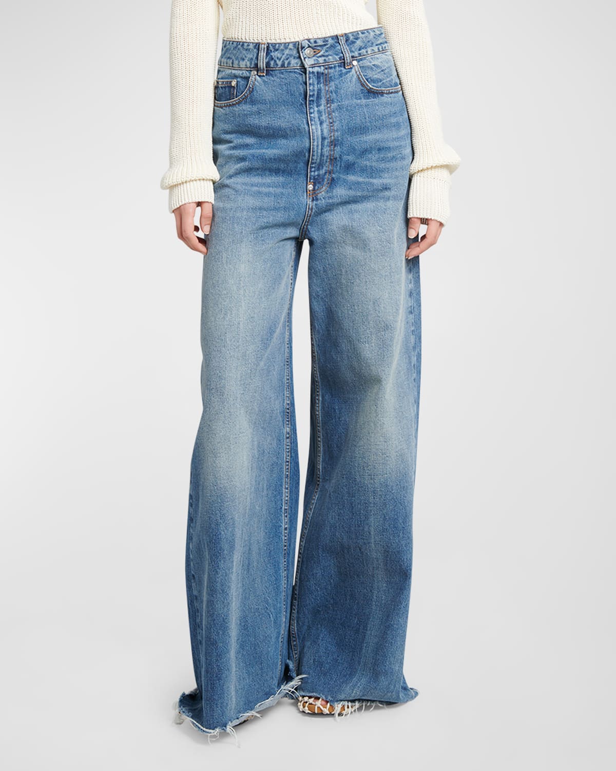Shop Stella Mccartney Mid-rise Medium Wash Wide-leg Raw-hem Jeans In Mid Blue V