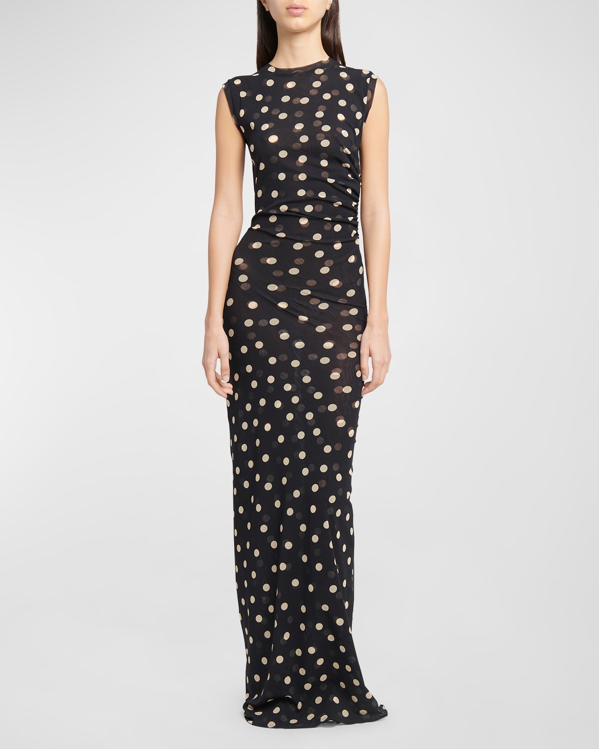 Shop Stella Mccartney Polka Dot Ruched Long Column Jersey Dress In Multicolor