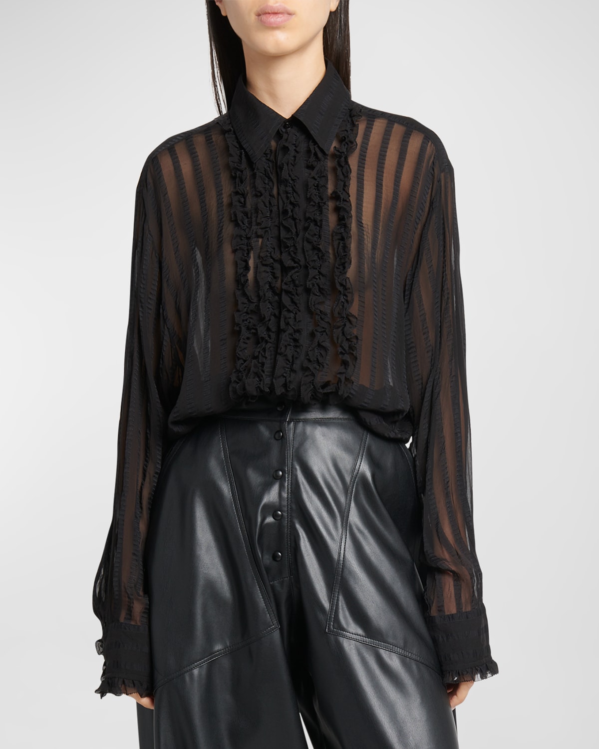 Shop Stella Mccartney Sheer Ruffled Silk Tuxedo Shirt In Black