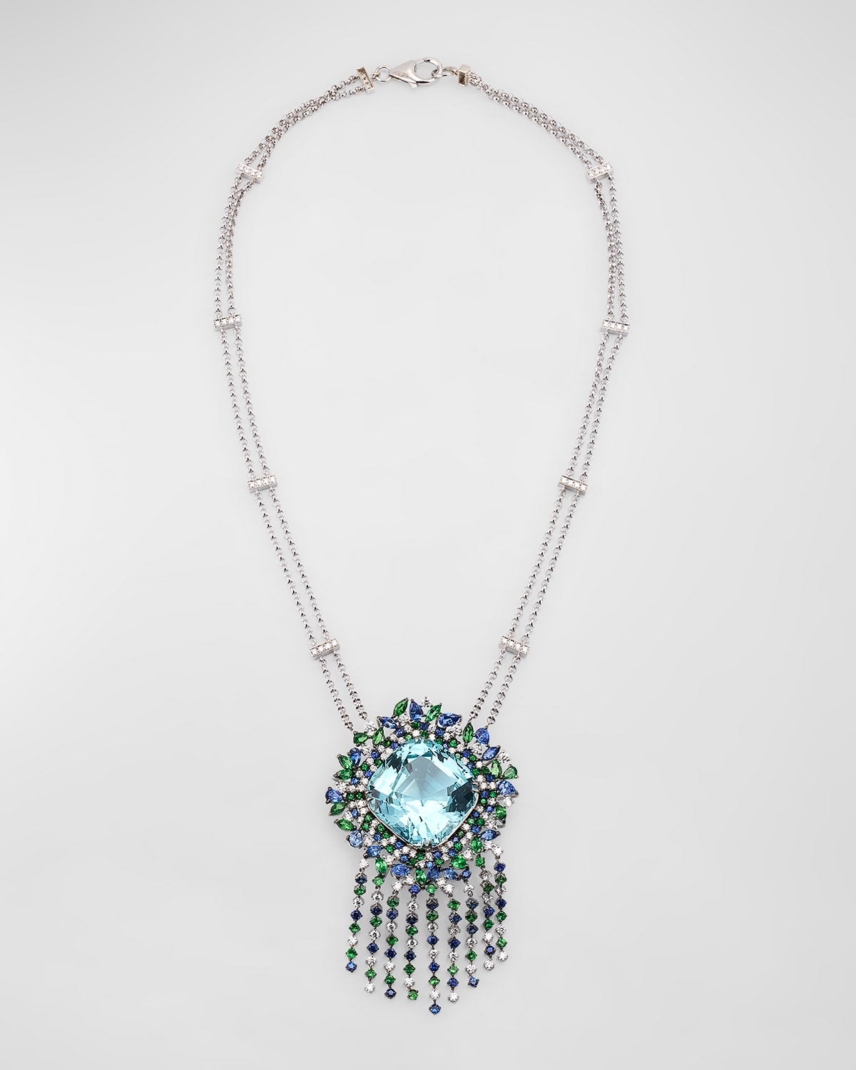 18K White Gold Aquamarine, Sapphire, Tsavorite and Diamond Pendant Necklace