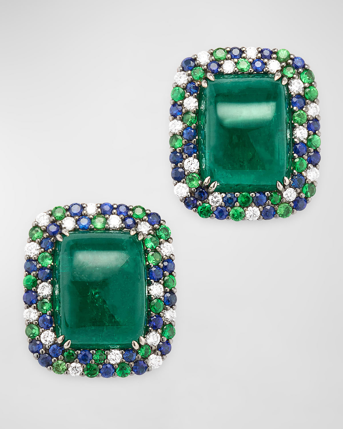 18K White Gold and Platinum Emerald, Tsavorite, Sapphire and Diamond Earrings