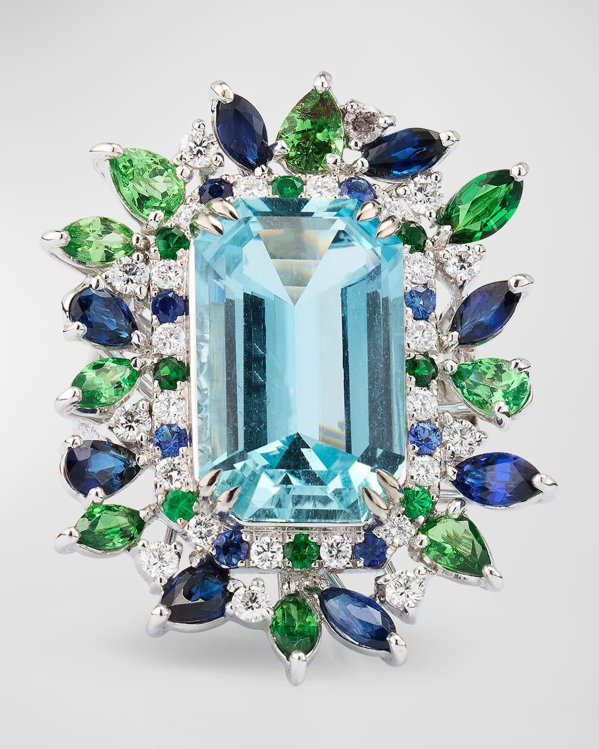 Shop Alexander Laut 18k White Gold Aquamarine, Sapphire, Tsavorite And Diamond Ring In Aquamarine Sapphire