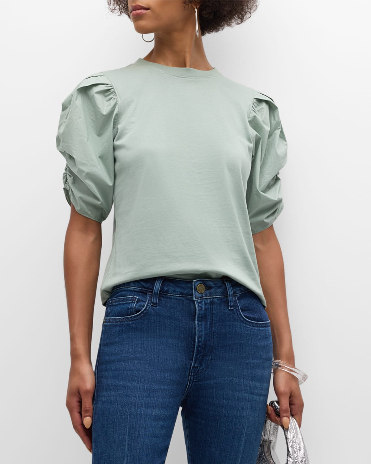 Shop Frame Pleated Puff-sleeve Tee In Sage