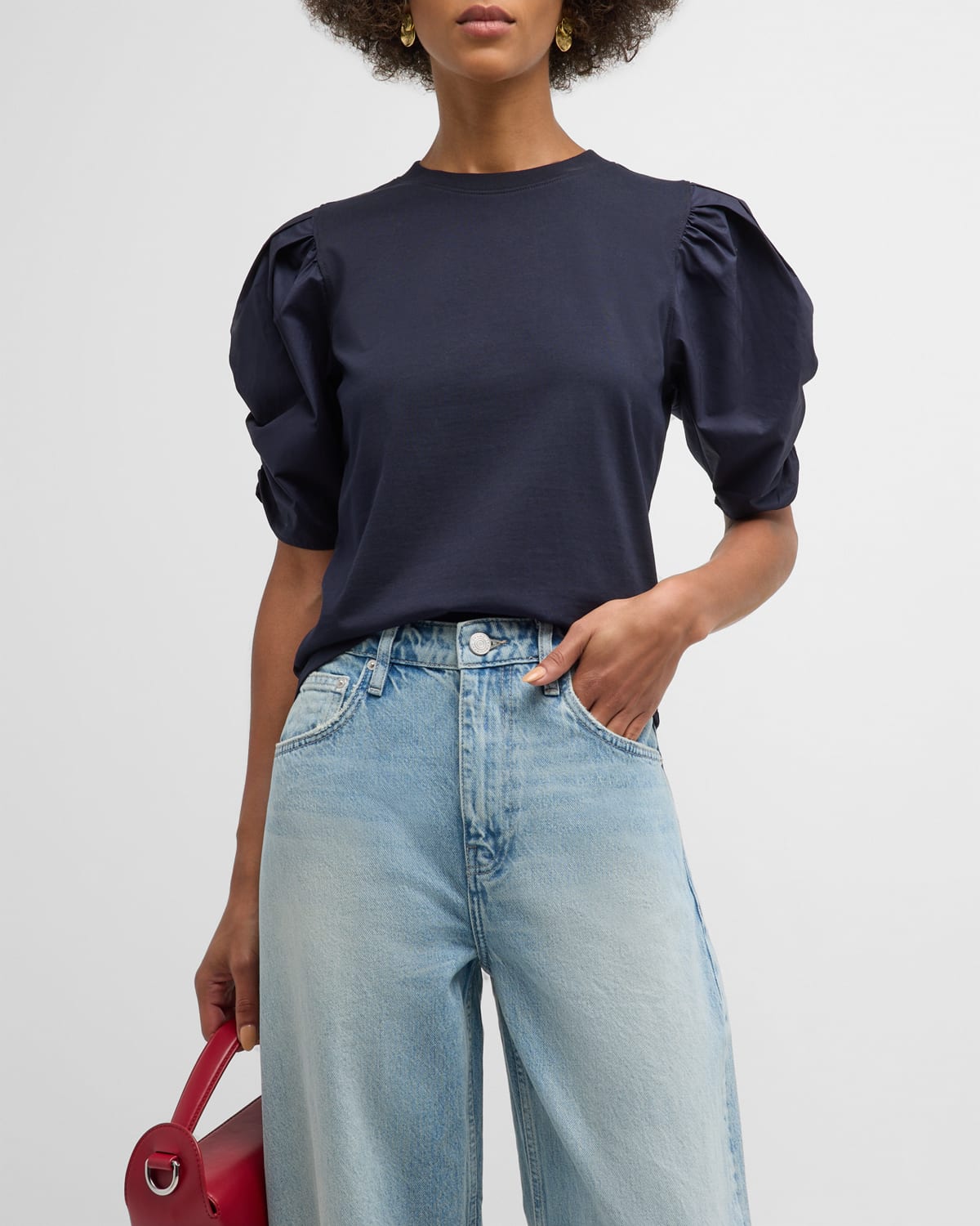 Shop Frame Pleated Puff-sleeve Tee In Navy