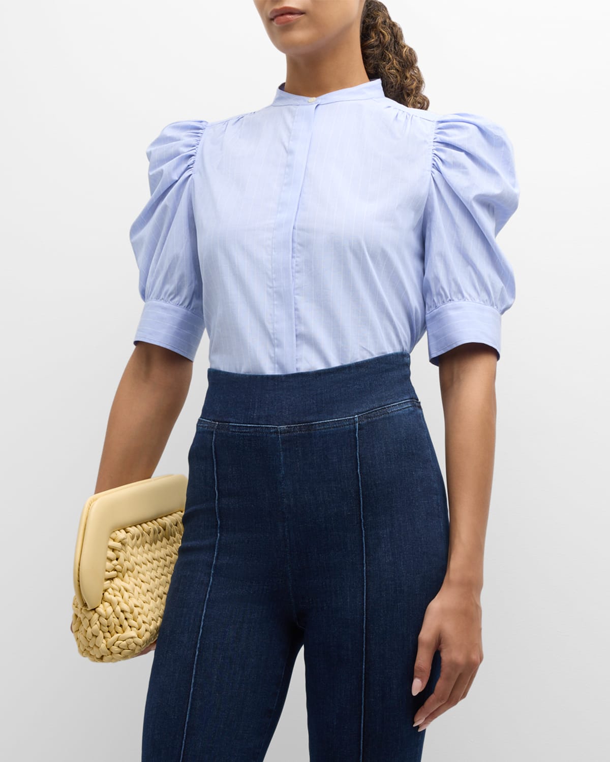 Shop Frame Pinstripe Ruched Puff-sleeve Shirt In Chambray Blue