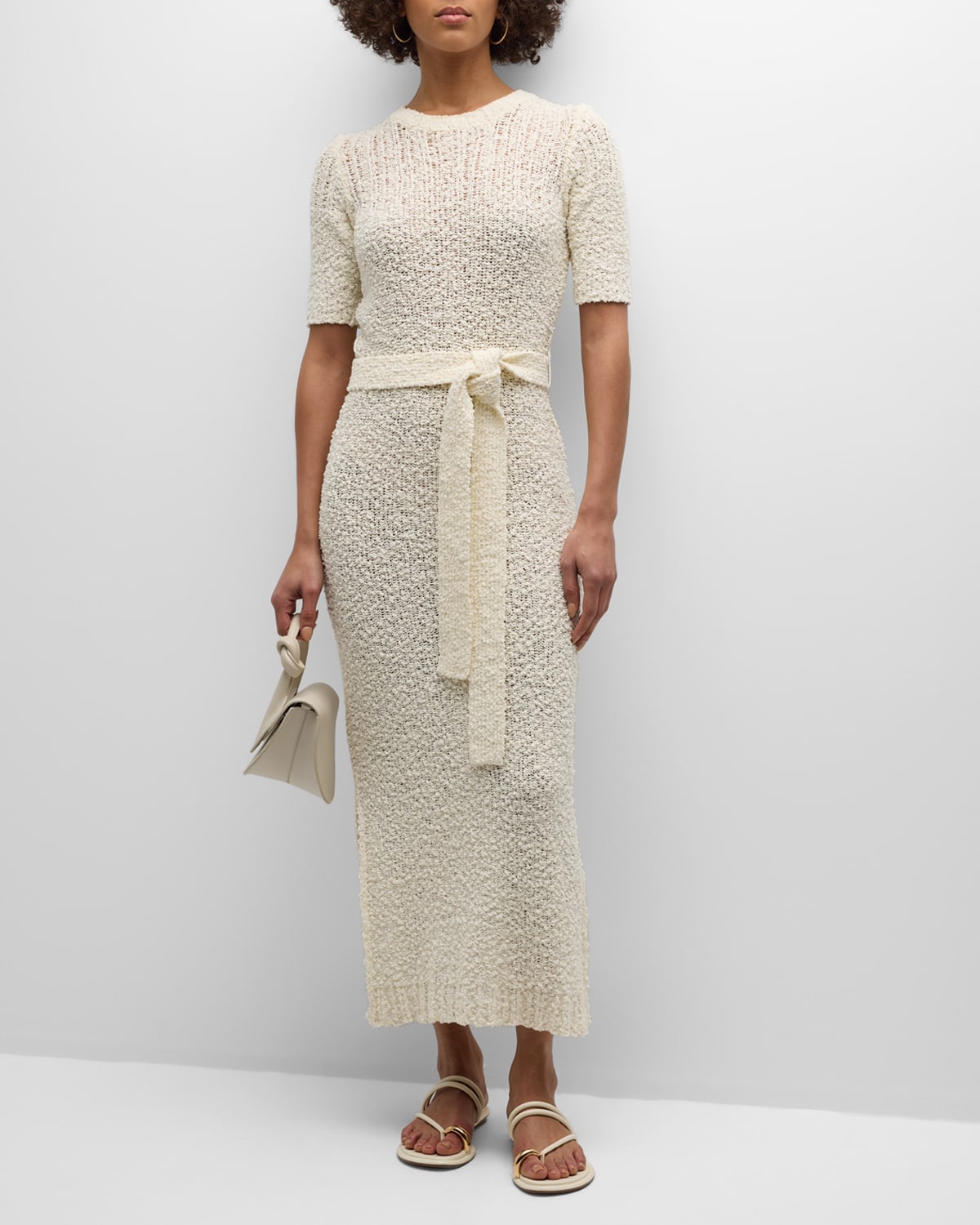 Frame Short-sleeve Mixed Stitch Sweater Dress In Cream