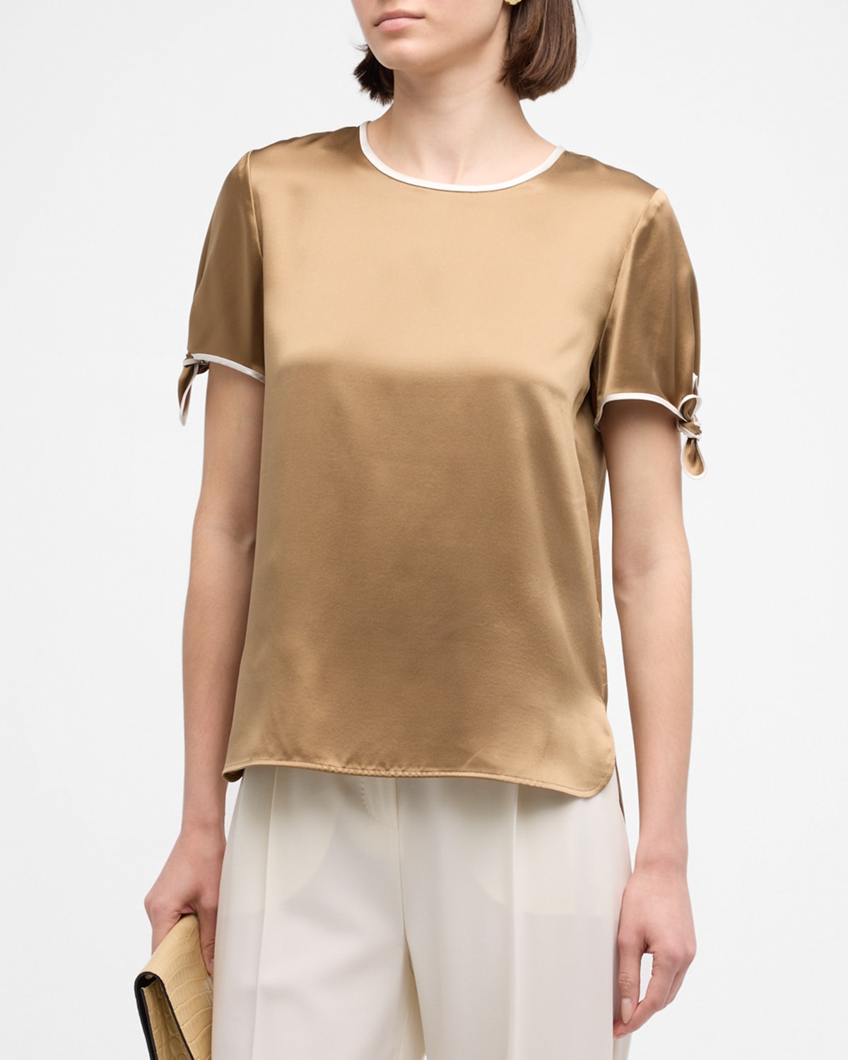 Shop Max Mara Pania Short-sleeve Ties Silk Shirt In Clay