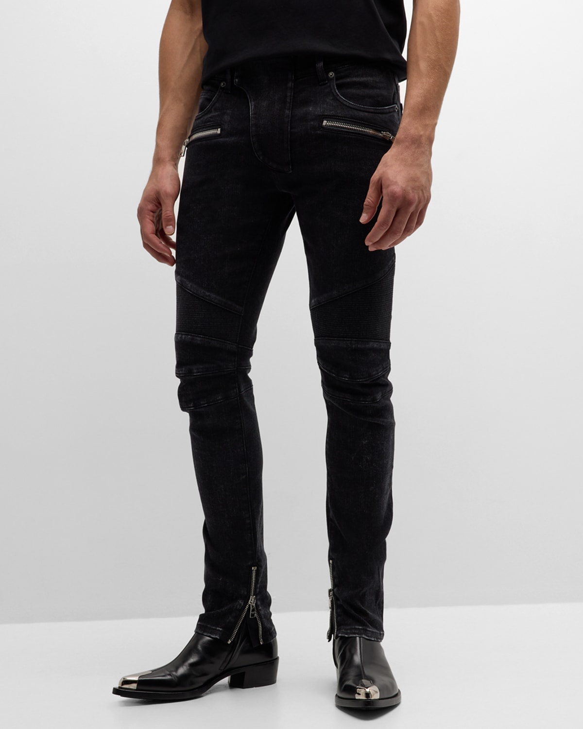 Shop Balmain Men's Slim Ribbed Jeans In Washed Black