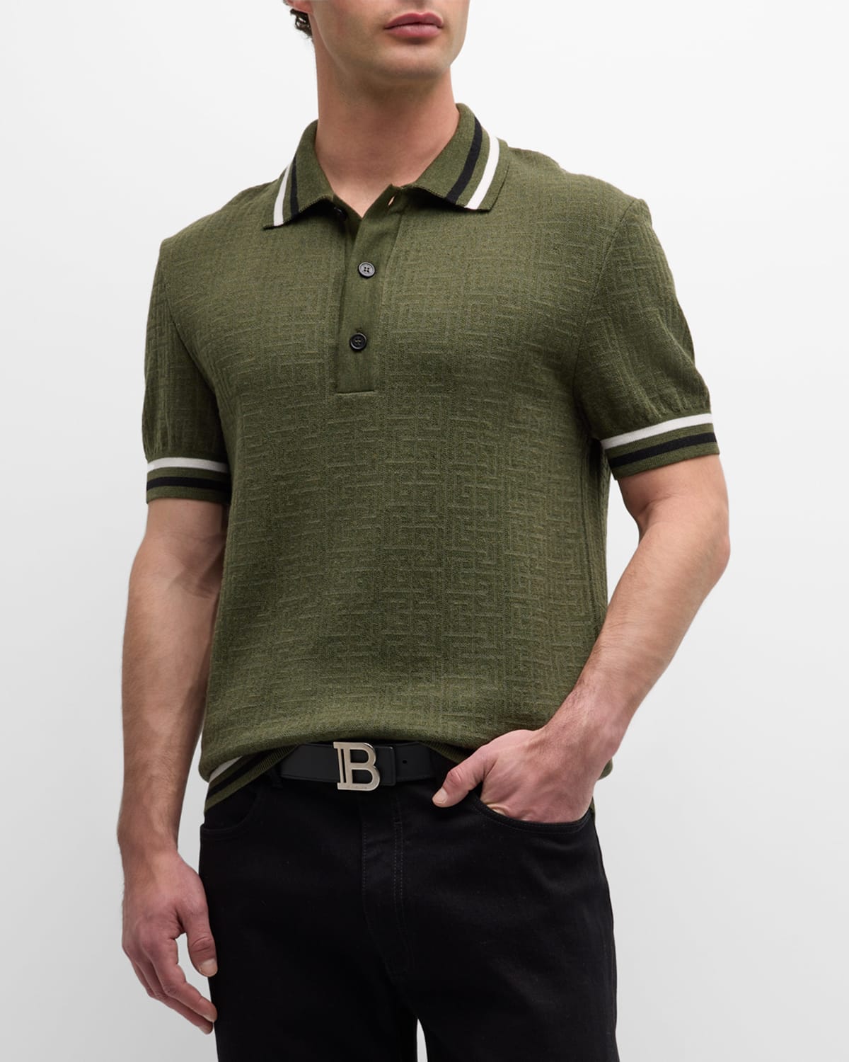 Shop Balmain Men's Monogram Polo Shirt In Khaki/ Multi