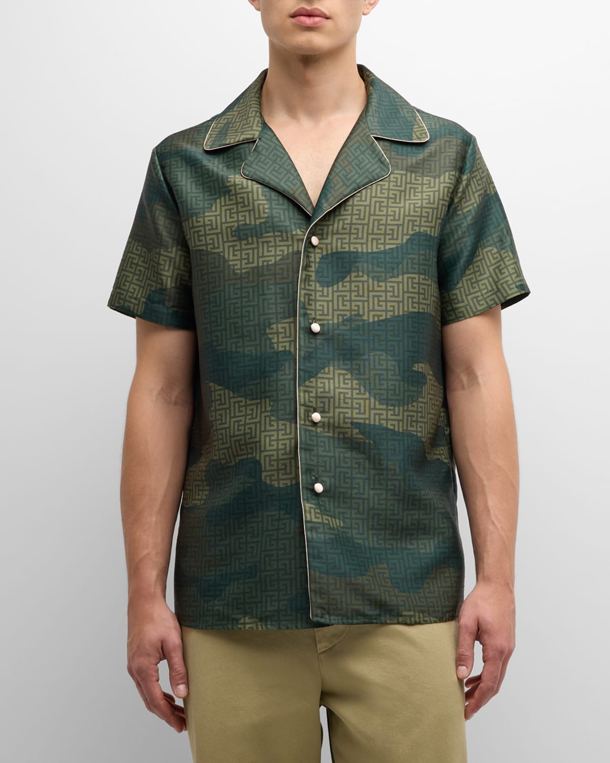Shop Balmain Men's Camouflage Monogram Shantung Shirt In Multi Khaki