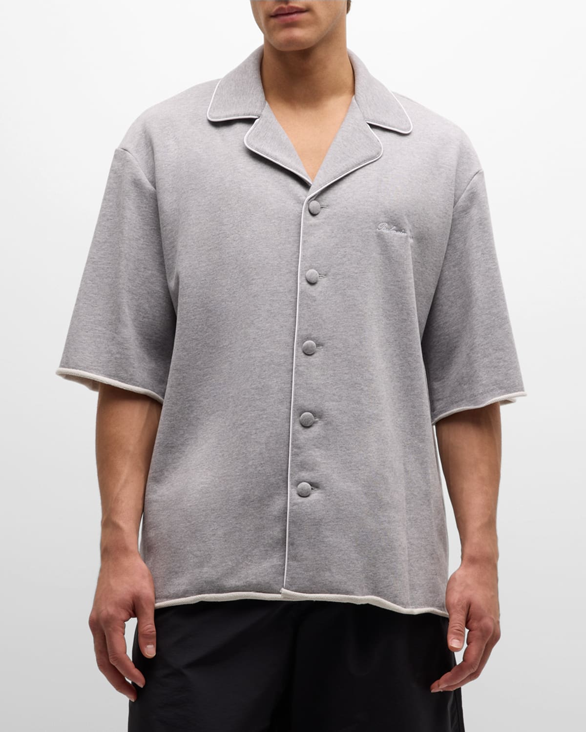 Shop Balmain Men's Raw-edge Jersey Pajama Shirt In Lt Grey