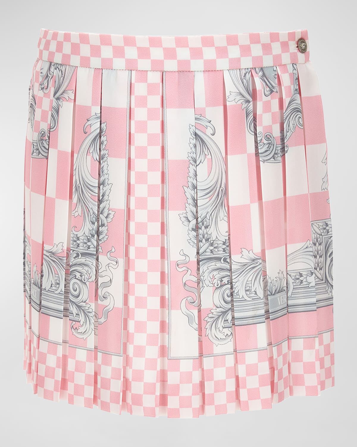 Shop Versace Girl's Pleated Barocco-trim Skirt In Pastel Pink