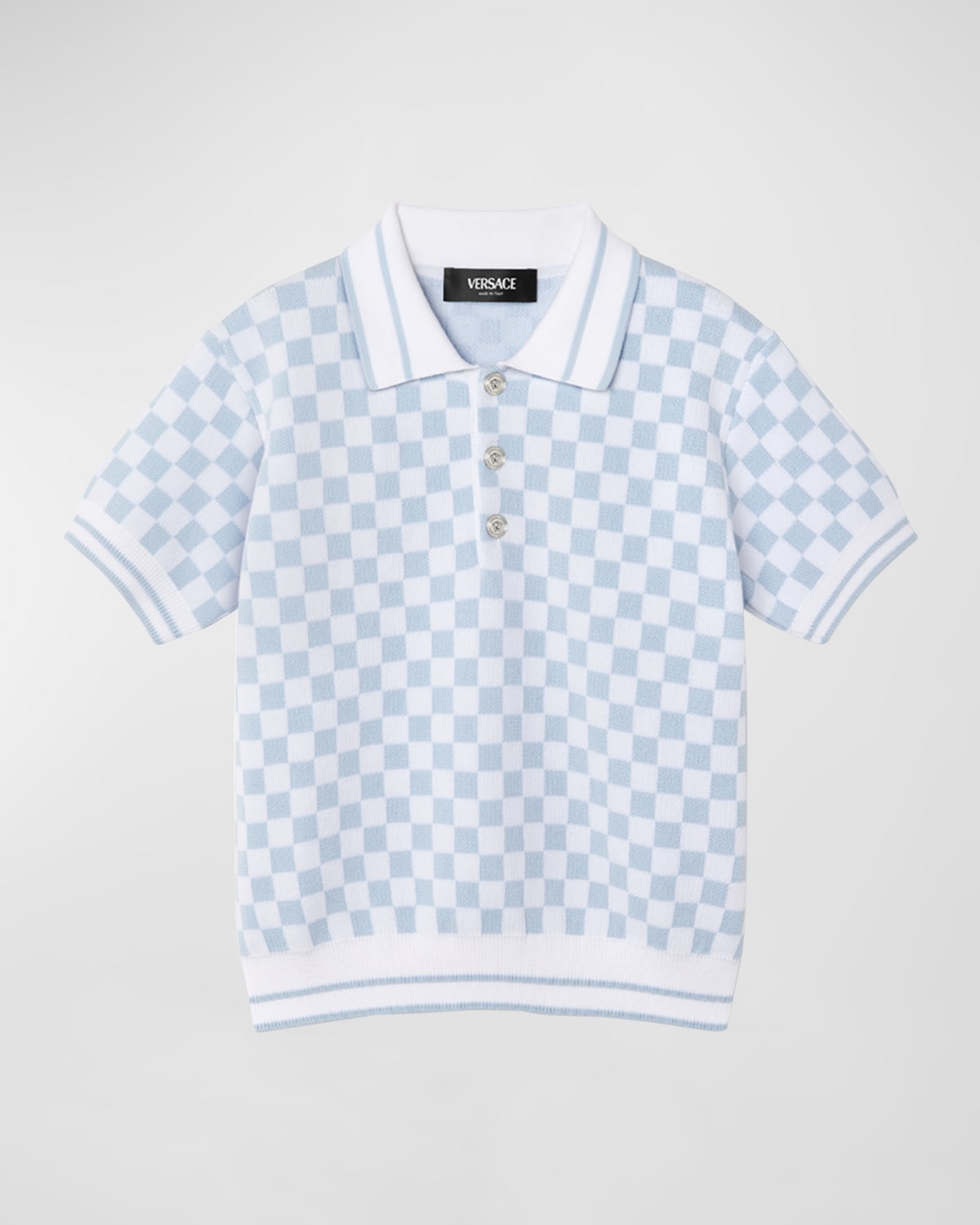 Shop Versace Boy's Check-print Polo Shirt In White Pale Blue