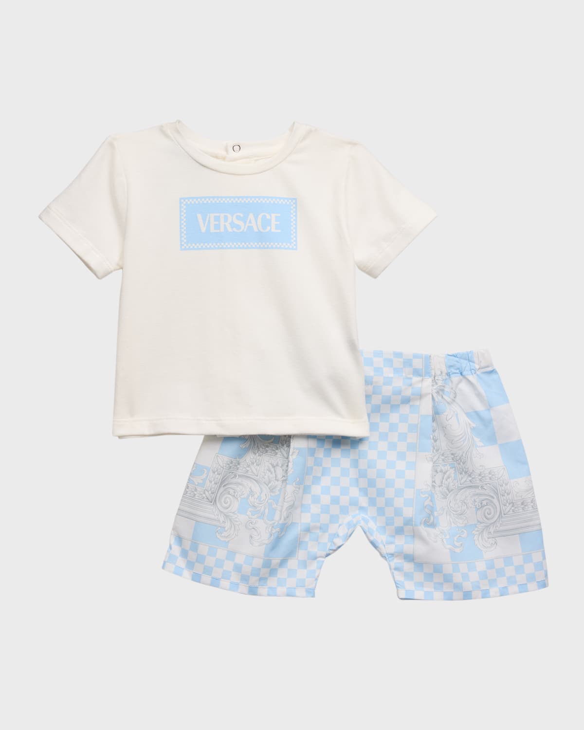 Versace Kids' Boy's Jersey Logo-print T-shirt W/ Barocco-trim Shorts In White Pastel Blue