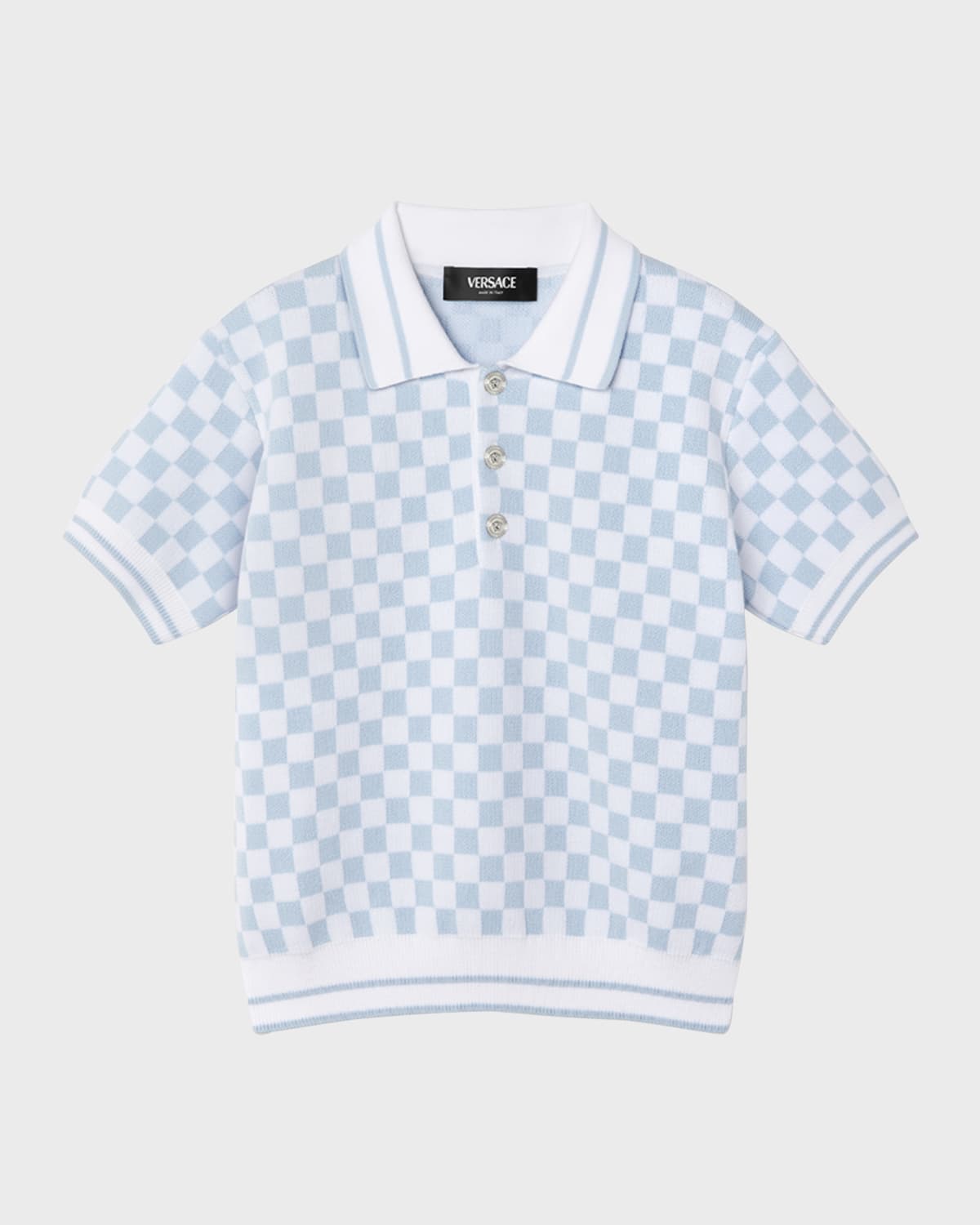 Shop Versace Boy's Check-print Knit Polo Shirt In White Pale Blue