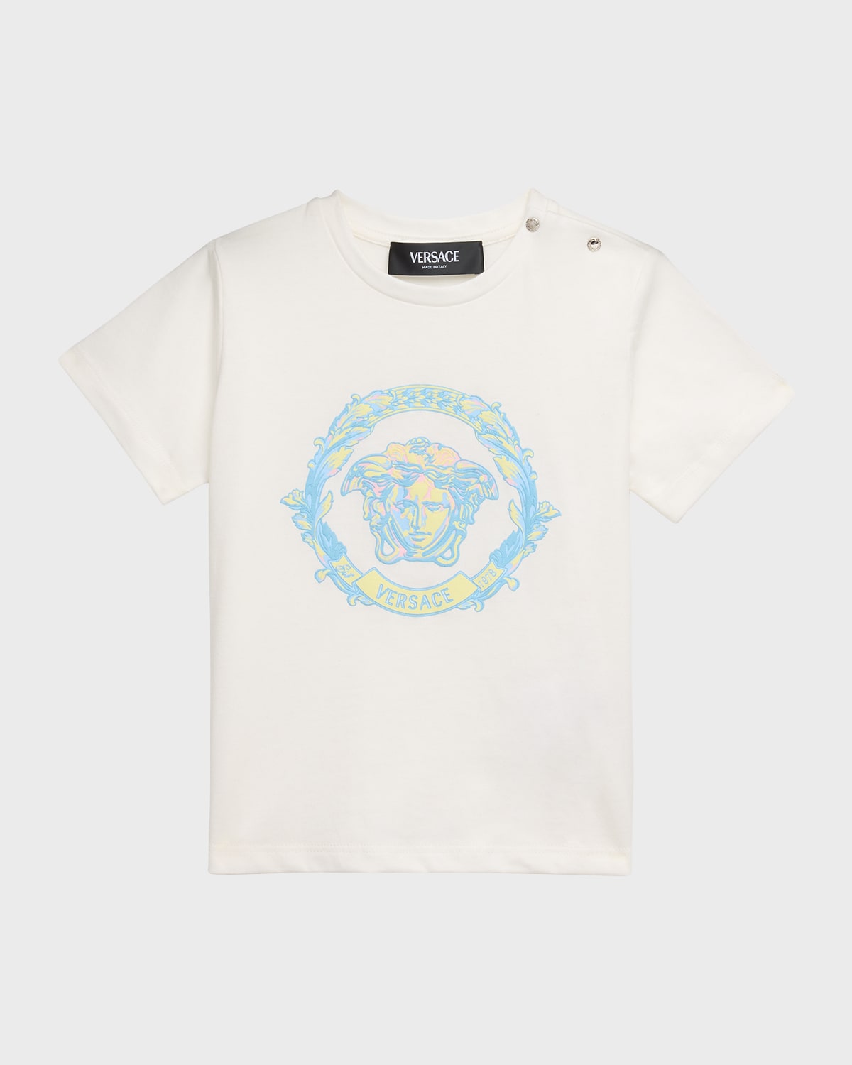Shop Versace Boy's Barocco Wave Crest Logo Cotton T-shirt In White Multi