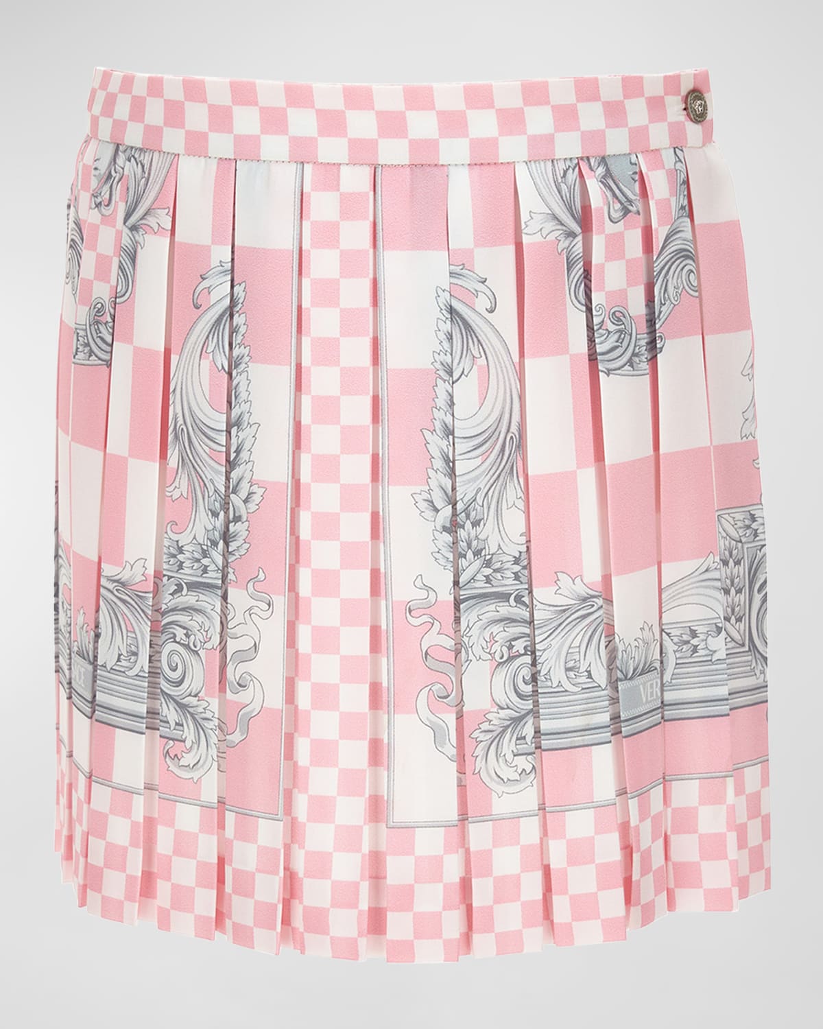Shop Versace Girl's Pleated Barocco-trim Skirt In Pastel Pink