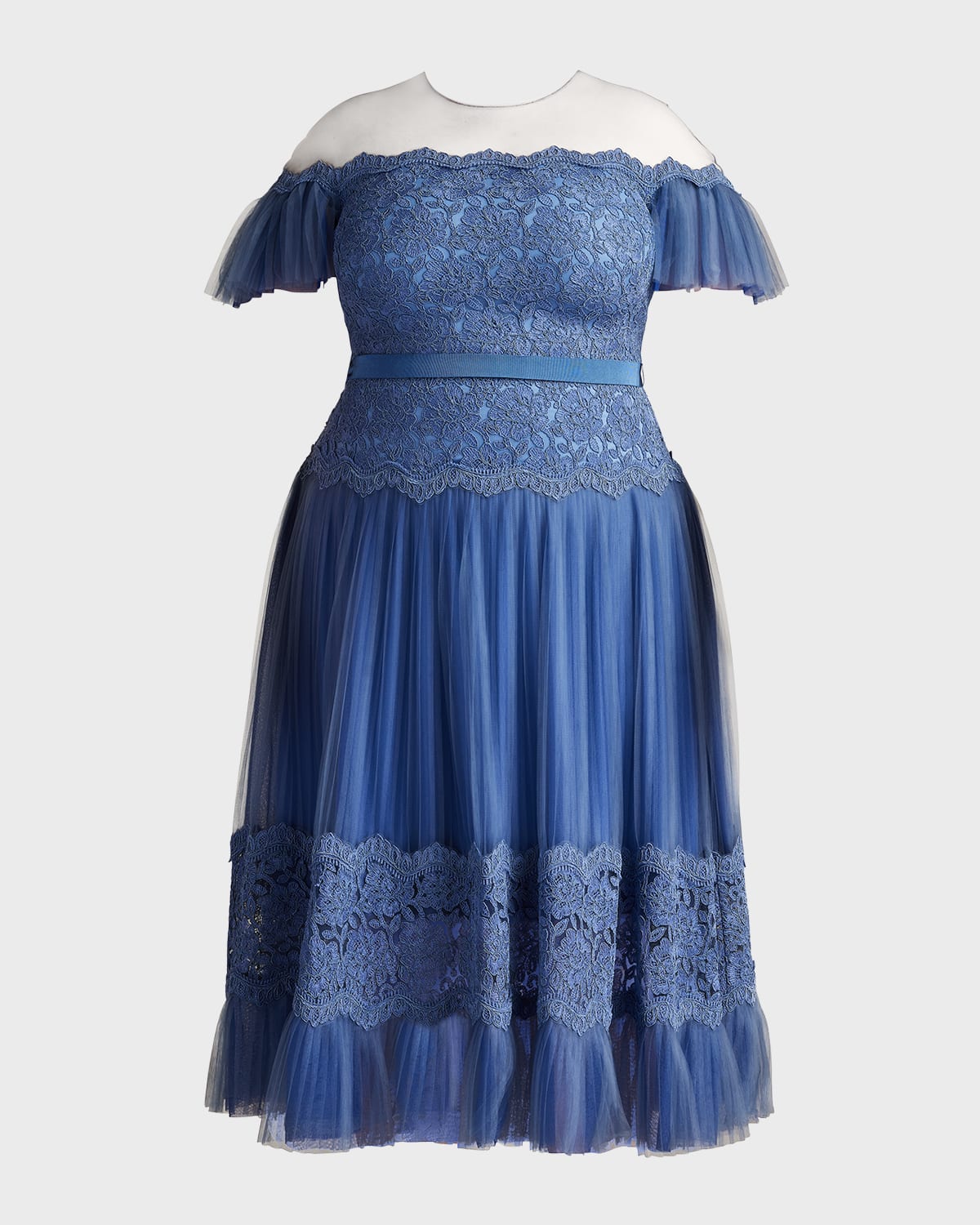 Shop Tadashi Shoji Plus Size Pleated Floral Lace Midi Dress In Blue Stone