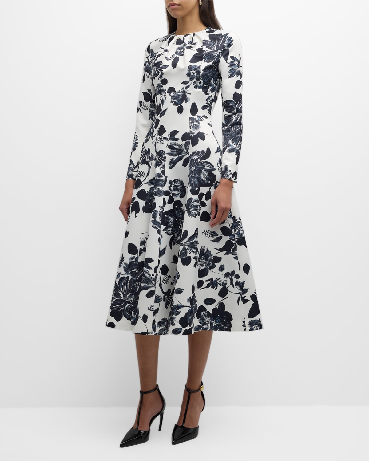 Shop Emilia Wickstead Tris Floral Long-sleeve Empire-waist Midi Dress In Black Flowers On Ivory