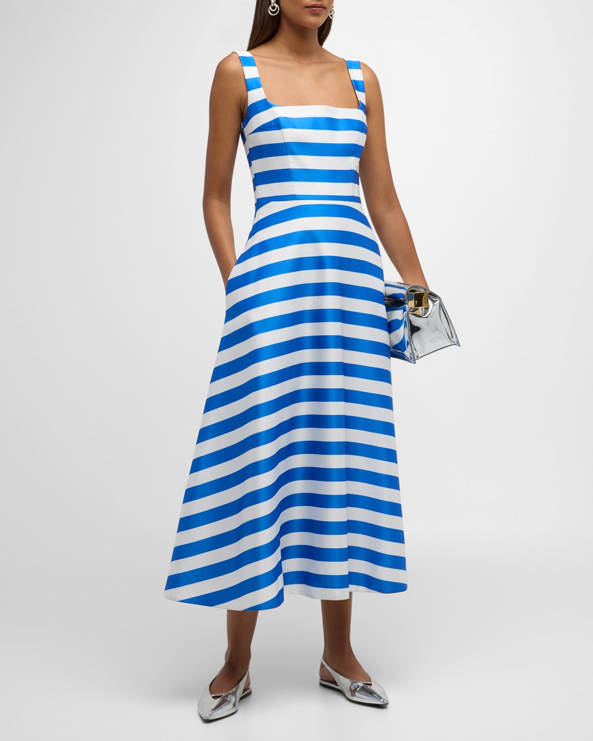 Shop Emilia Wickstead Shilo Striped Square-neck Sleeveless Midi Dress In Blue Stripe