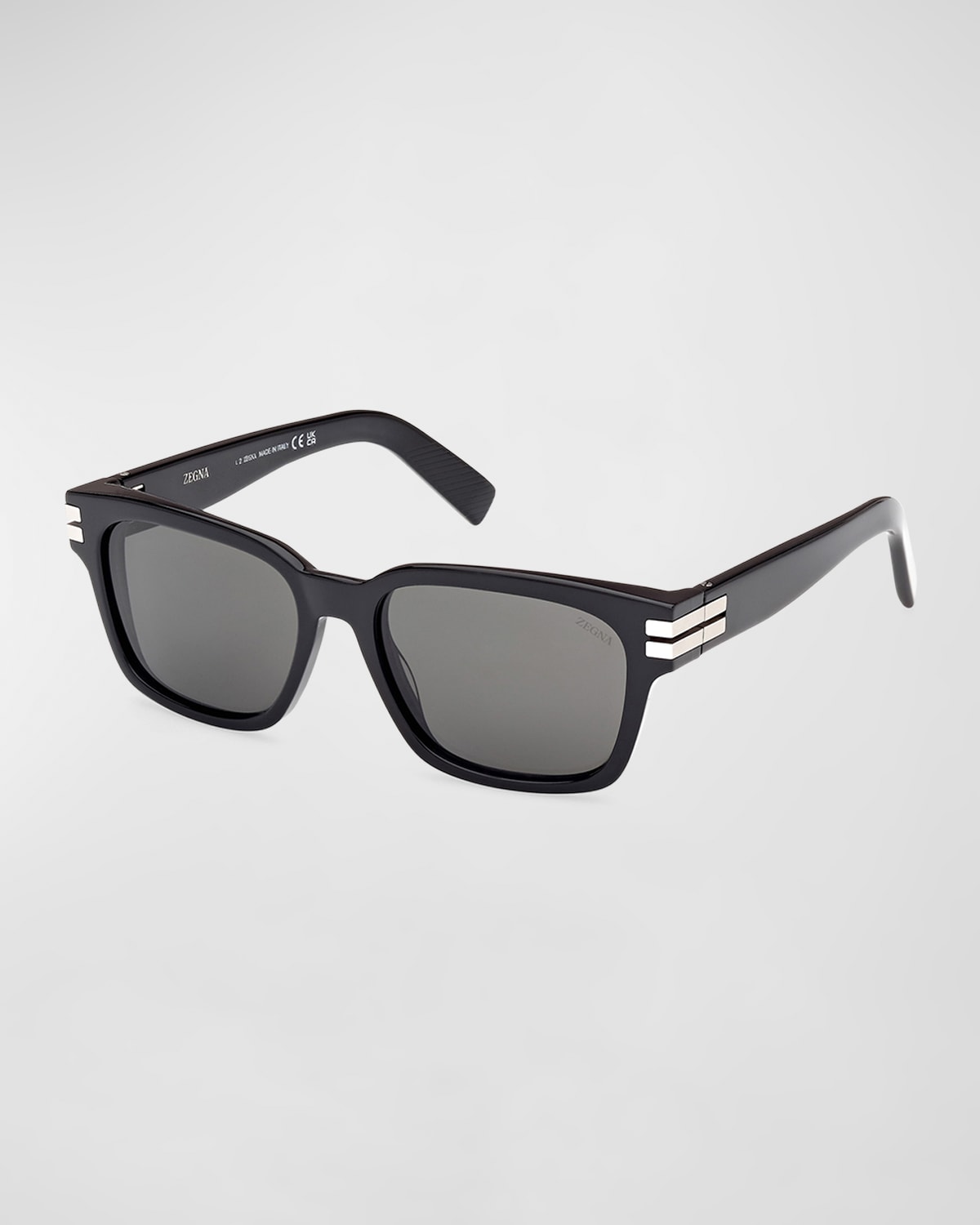 Shop Zegna Men's Acetate Rectangle Sunglasses In Shiny Black Smoke