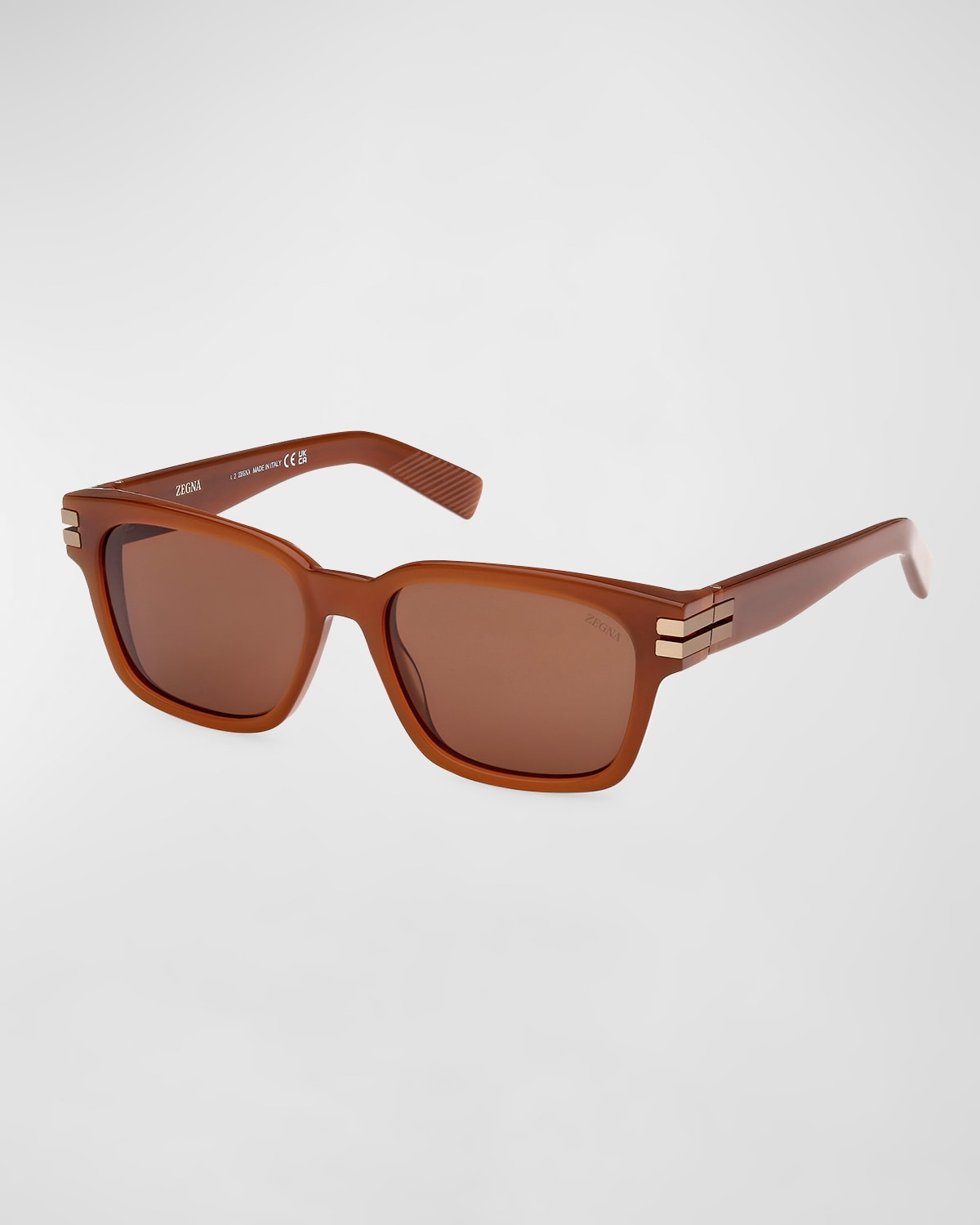 Shop Zegna Men's Acetate Rectangle Sunglasses In Shiny Light Brown Brown