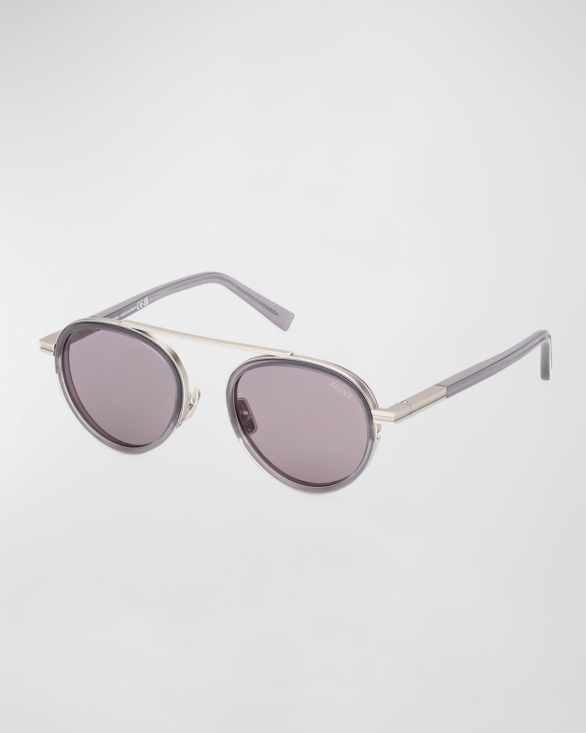 Shop Zegna Men's Metal-acetate Round Sunglasses In Grey Smoke