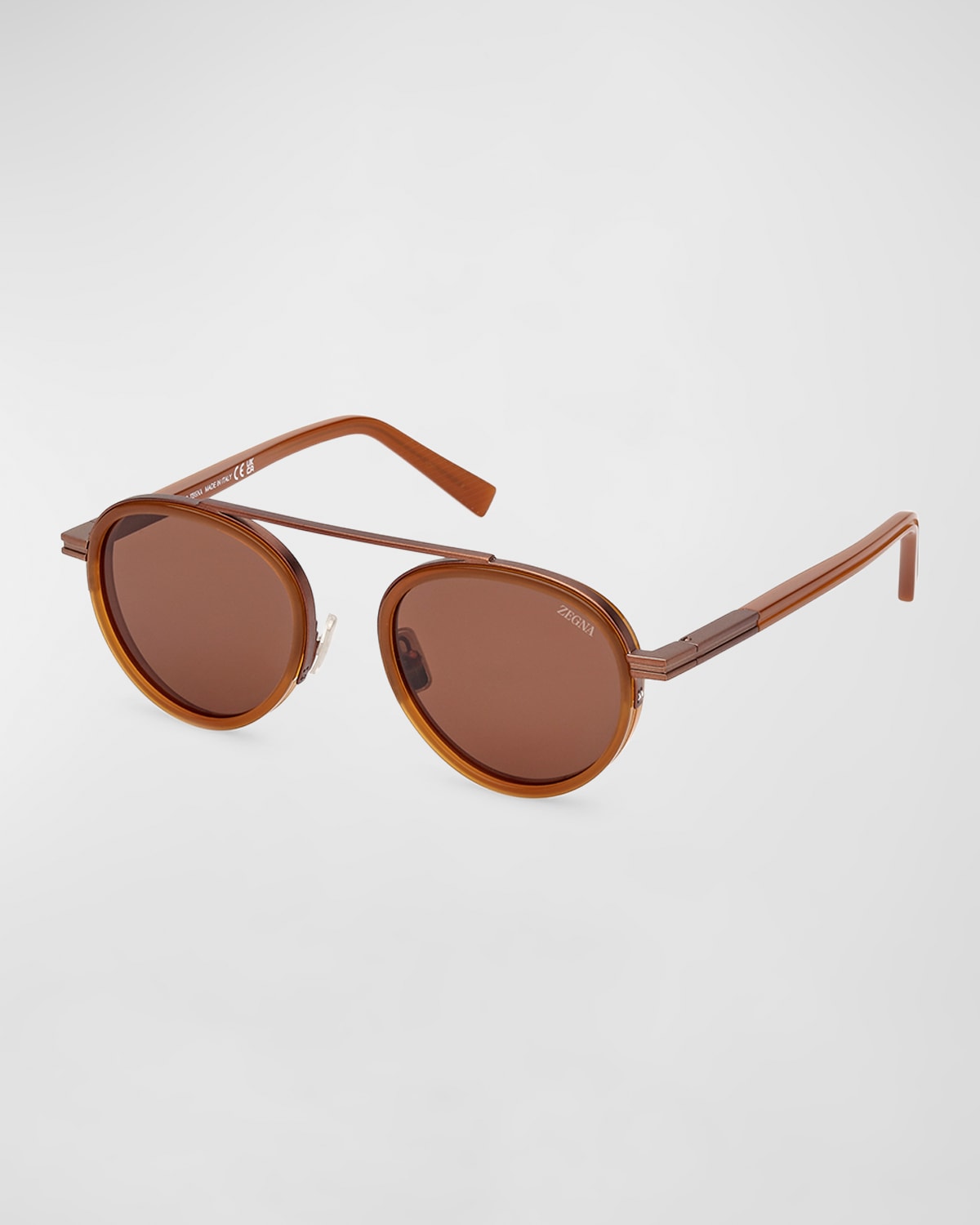 Shop Zegna Men's Orizzonte Ii Metal-acetate Round Sunglasses In Shiny Light Brown